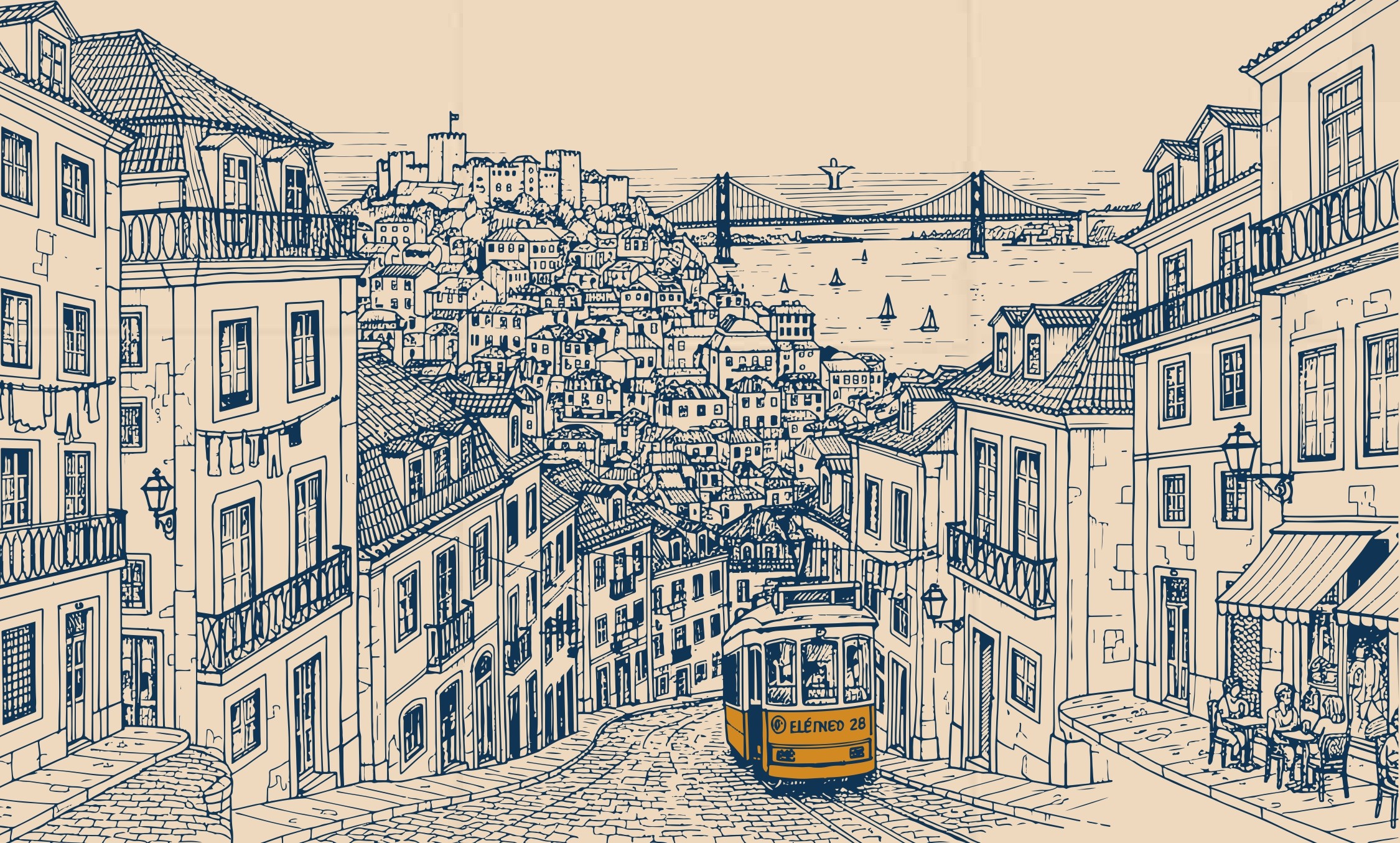 Lisbon street with tram at sunset